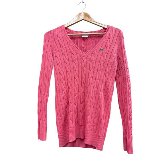 Lacoste Womens Cable Knit V-Neck Sweater Pink Size 38 US 8 - Picture 1 of 8